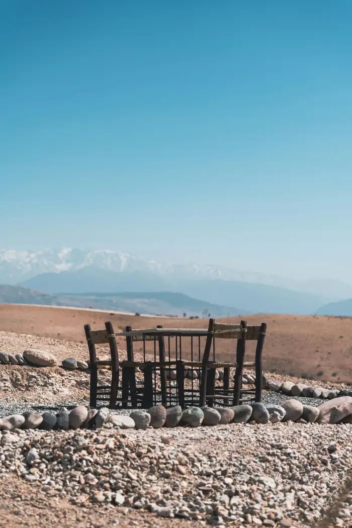 Panoramic Atlas Mountains view from Agafay desert Morocco